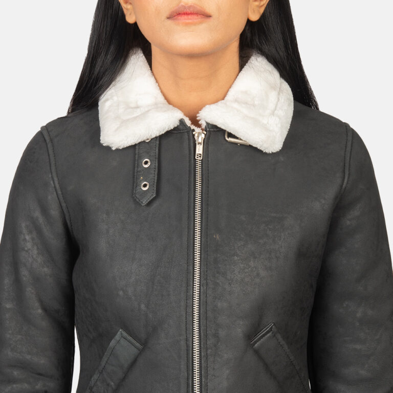 Womens Sherilyn B-3 Black & White Leather Bomber Jacket Close-Up-9-1652195022594